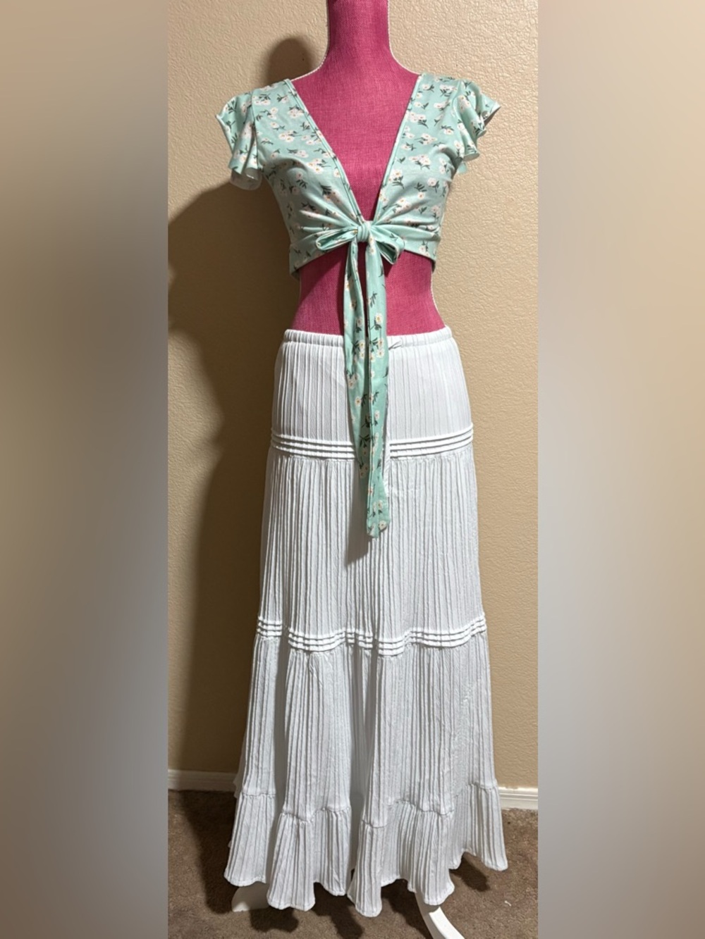 SHEIN Floral crop top and White Tiered Pleated Maxi Skirt